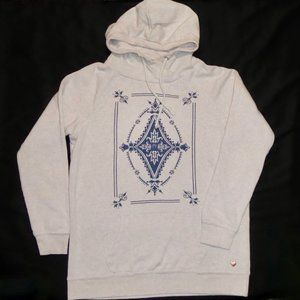 KENDALL & KYLIE HOODIE SWEATSHIRT CREAM NAVY BLUE MEDALLION KANGAROO POCKET M